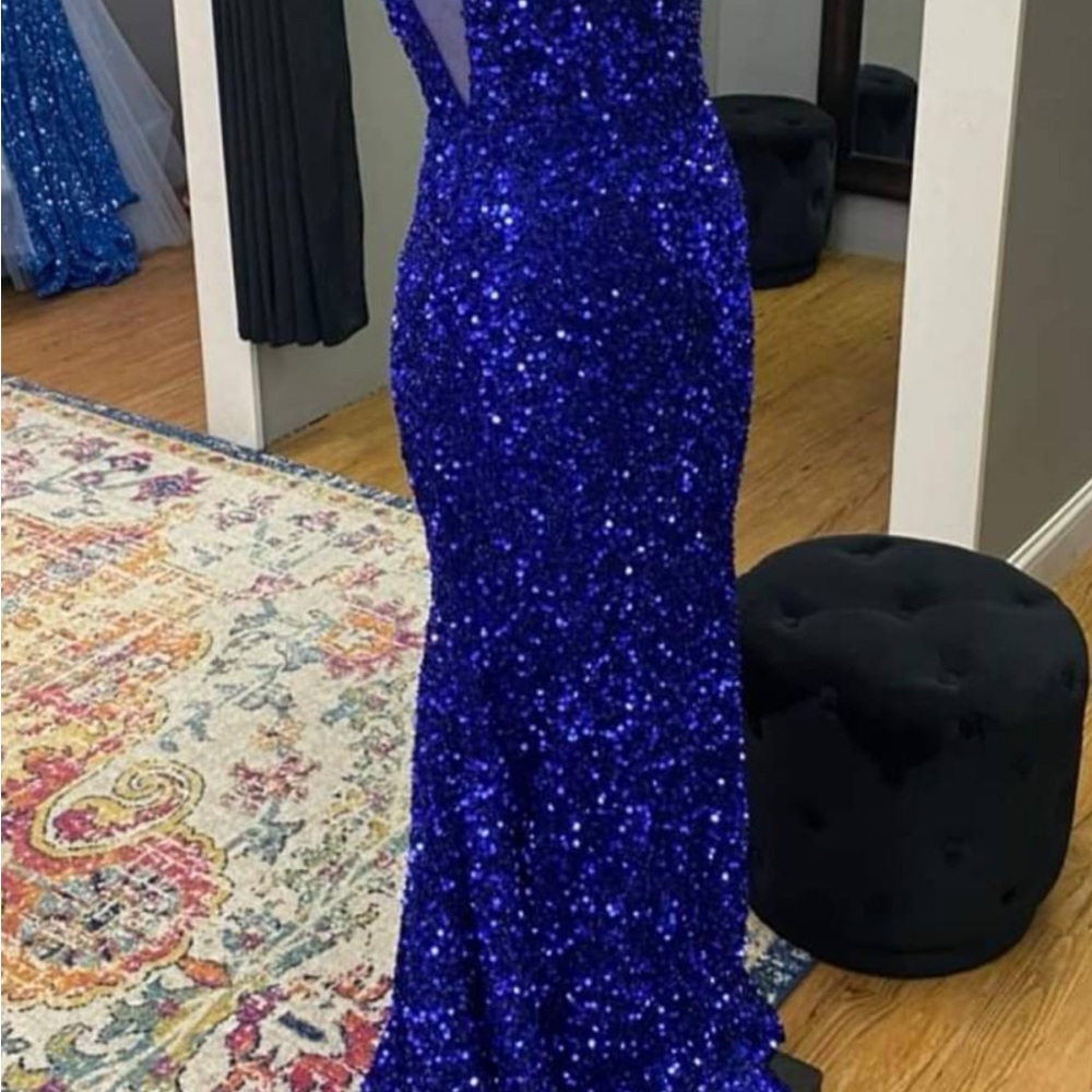 Blue Maxi Sequin Gown with Plunge Neckline for Prom